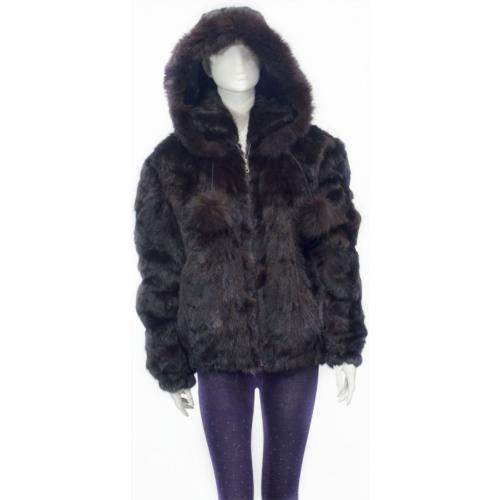 Winter Fur Brown Genuine Pieces Mink Ladies Jacket With Detachable Fox Trimmed Hood W03S04BR